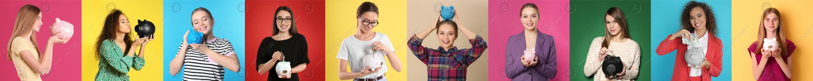 Image of Collage with photos of women holding piggy banks on different color backgrounds. Banner design