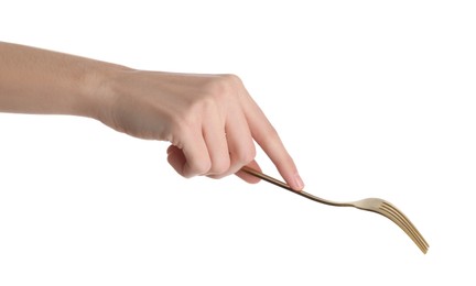 Photo of Woman with shiny golden fork on white background, closeup