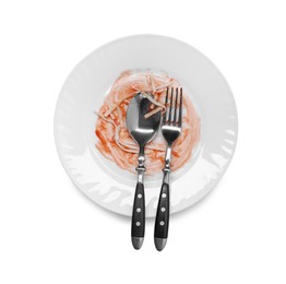 Photo of Dirty plate and cutlery on white background, top view