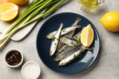 Fresh raw sprats, green onion, spices and cut lemon on grey table, flat lay