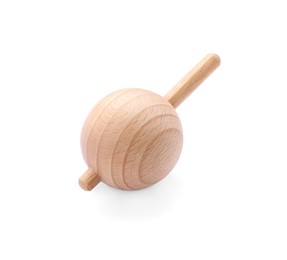 Photo of One wooden spinning top isolated on white. Toy whirligig