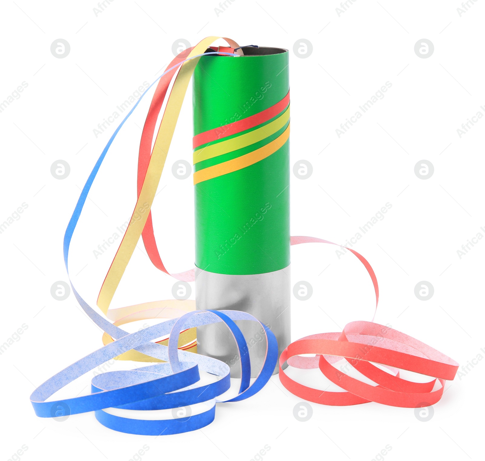Photo of Colorful streamers with bright party popper isolated on white