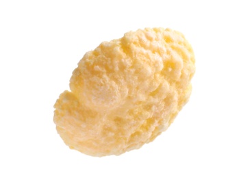 Photo of Crispy cornflake on white background. Healthy breakfast