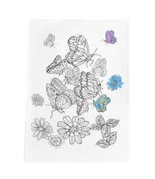 Photo of Antistress coloring page on white background, top view