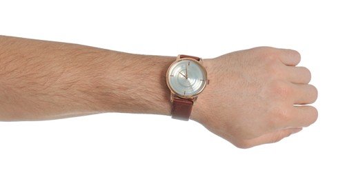 Photo of Man wearing luxury wrist watch on white background, closeup