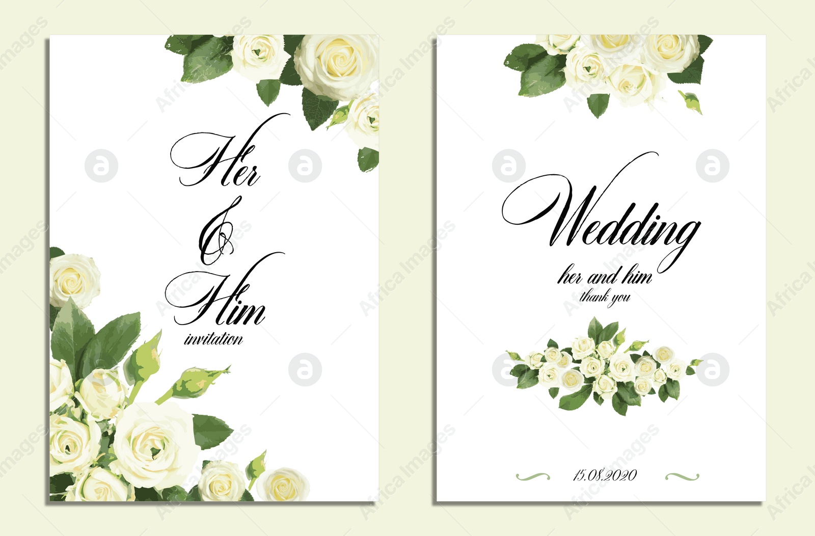 Image of Beautiful wedding invitations with floral design on light background, top view