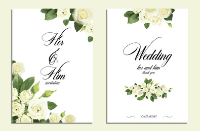 Image of Beautiful wedding invitations with floral design on light background, top view