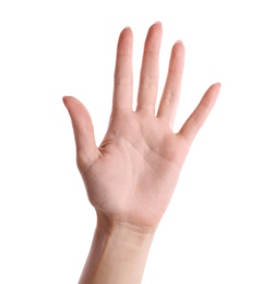 Photo of Woman giving high five on white background, closeup