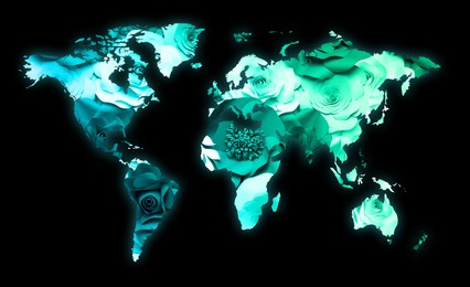 Image of World map made of beautiful flowers on black background, banner design