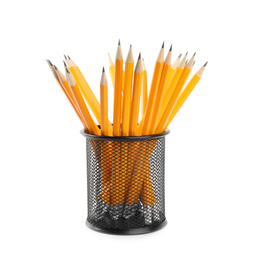 Photo of Many sharp pencils in holder isolated on white