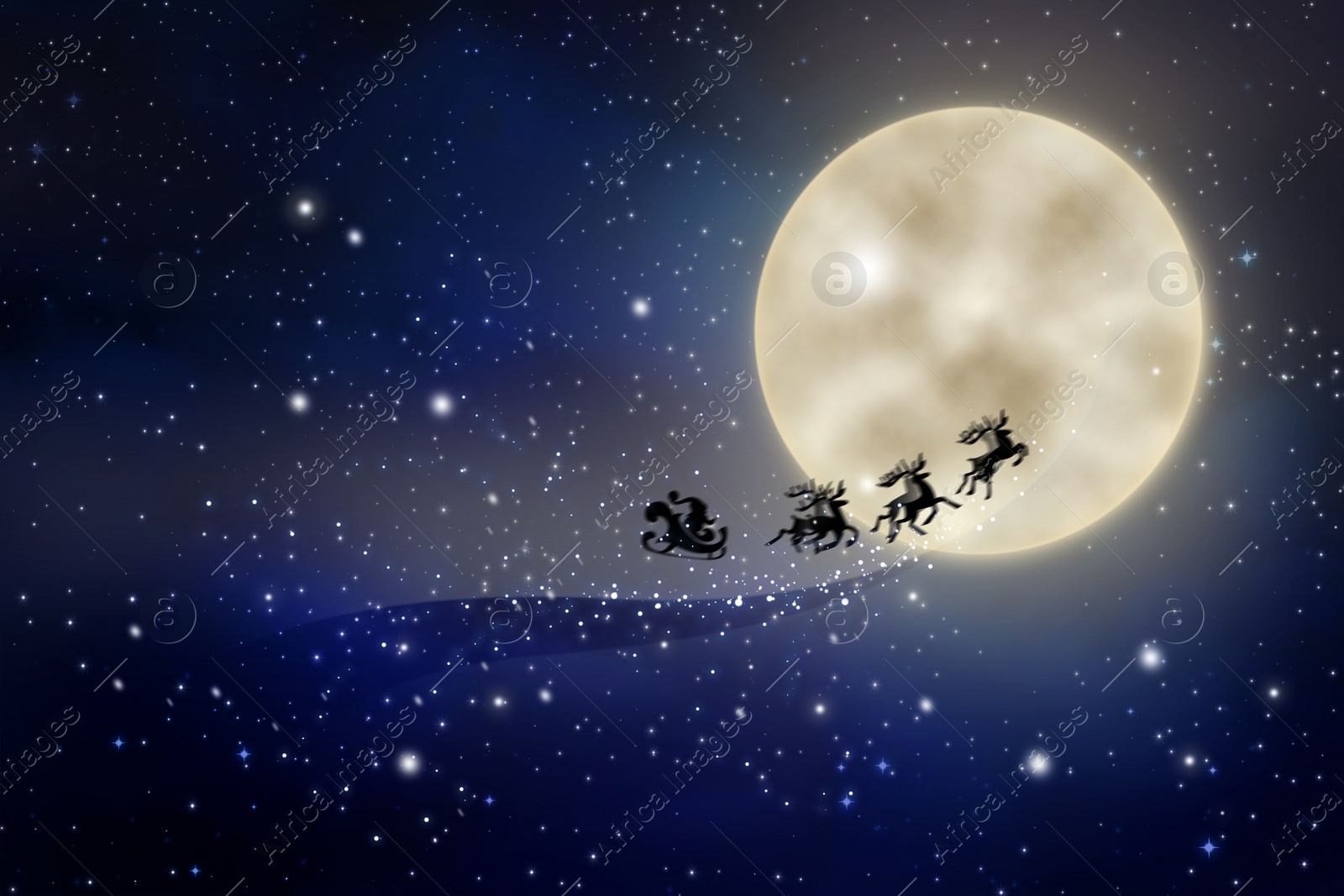 Illustration of Magic Christmas eve. Santa with reindeers flying in sky on full moon night