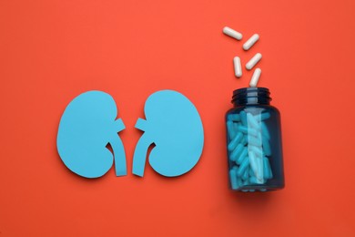 Photo of Paper cutout of kidneys and jar with pills on orange background, flat lay