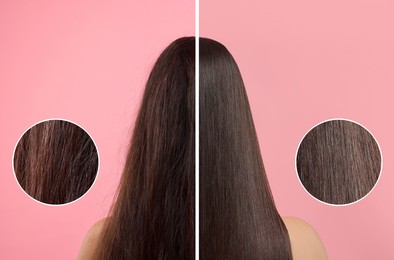 Image of Photo of woman divided into halves before and after hair treatment on pink background, back view. Zoomed area showing damaged and healthy strand