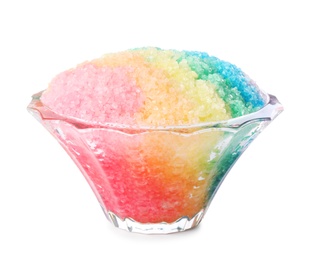 Photo of Rainbow shaving ice in glass dessert bowl isolated on white