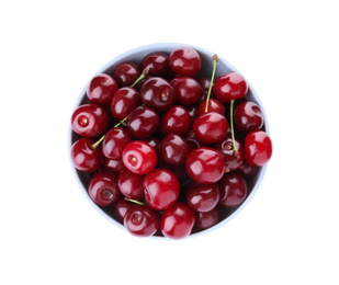 Photo of Sweet juicy cherries in bowl isolated on white, top view