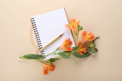 Photo of Guest list. Notebook, pen and beautiful flowers on beige background, top view. Space for text