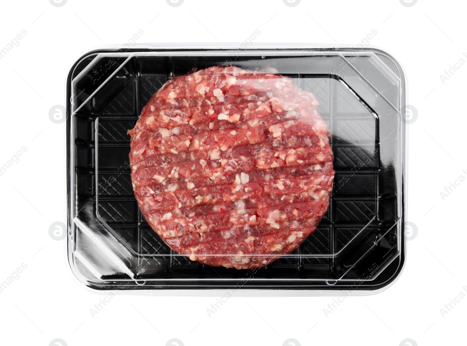 Photo of Plastic container with raw meat cutlet for burger isolated on white, top view