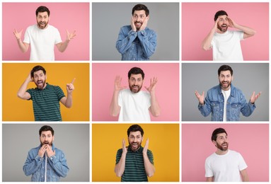 Image of Collage with photos of surprised man on different color backgrounds