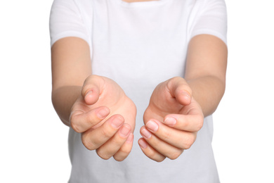 Photo of Woman against white background, closeup on hands