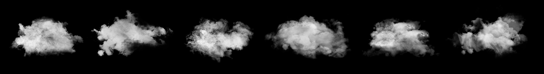 Image of Set with different clouds of white smoke on black background