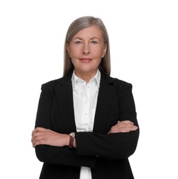 Photo of Portrait of confident woman with crossed arms on white background. Lawyer, businesswoman, accountant or manager