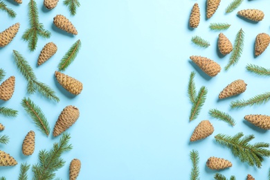 Photo of Flat lay composition with pinecones on light blue background. Space for text