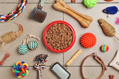 Photo of Bowl with food for cat or dog and accessories on floor. Pet care