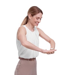 Photo of Beautiful happy businesswoman posing on white background
