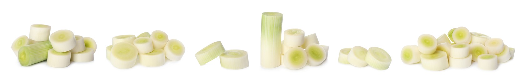 Image of Set with fresh raw cut leeks on white background. Banner design