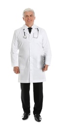 Photo of Full length portrait of male doctor with clipboard isolated on white. Medical staff