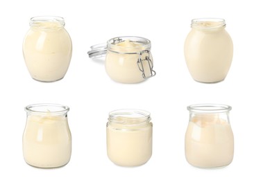 Image of Set with tasty mayonnaise on white background