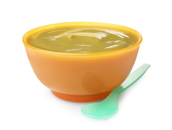 Photo of Tasty baby food in bowl and spoon isolated on white