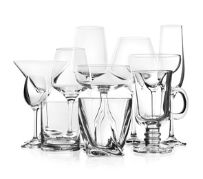 Photo of Set of new bar glassware on white background