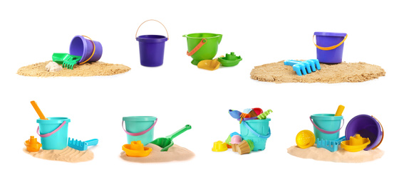 Image of Set of different plastic beach toys on white background 