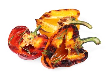Photo of Tasty grilled bell peppers and rosemary isolated on white