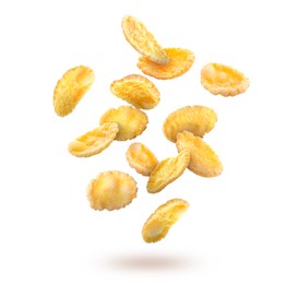 Image of Golden corn flakes falling on white background