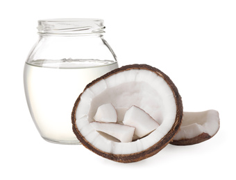 Photo of Composition with coconut oil on white background