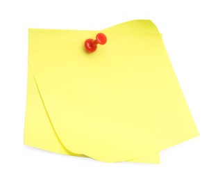 Photo of Blank yellow notes pinned on white background, top view