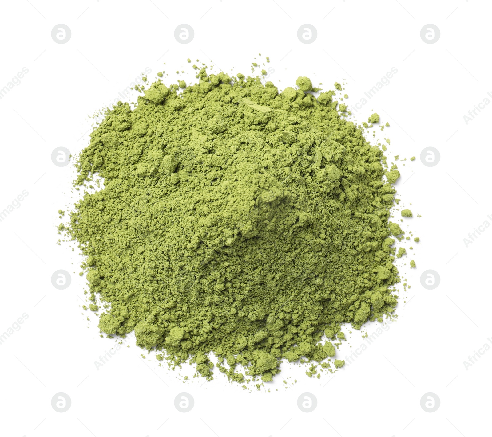 Photo of Pile of green matcha powder isolated on white, top view