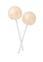 Photo of Two sweet colorful lollipops isolated on white, top view