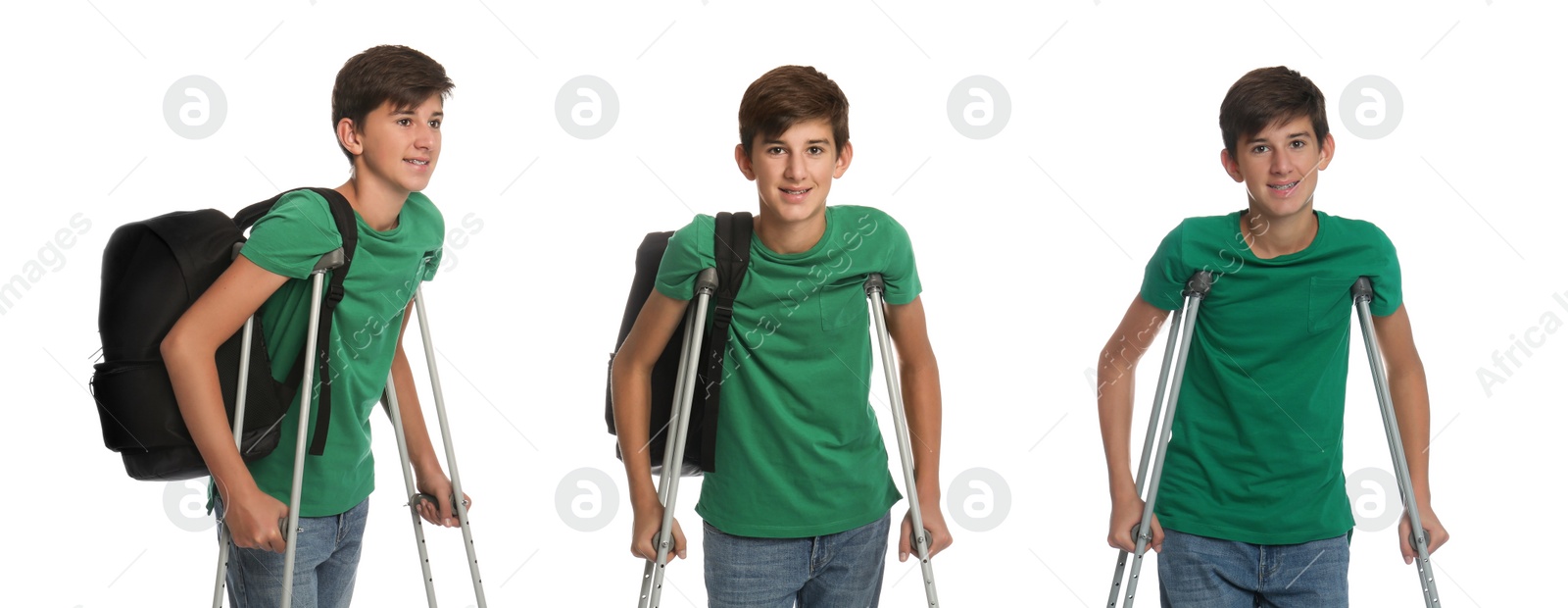 Image of Teenage boy with axillary crutches on white background, collage. Banner design