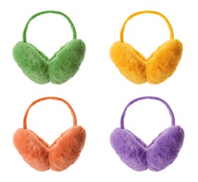 Image of Set with different colorful soft earmuffs on white background