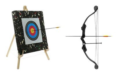Image of Bow, arrows and archery target on white background