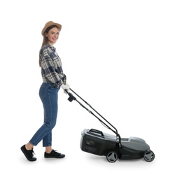 Photo of Young woman with modern lawn mower on white background