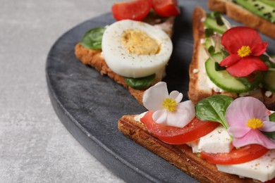 Photo of Different tasty sandwiches served on grey table, closeup