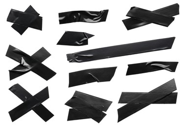 Image of Collage with pieces of black insulating tape on white background