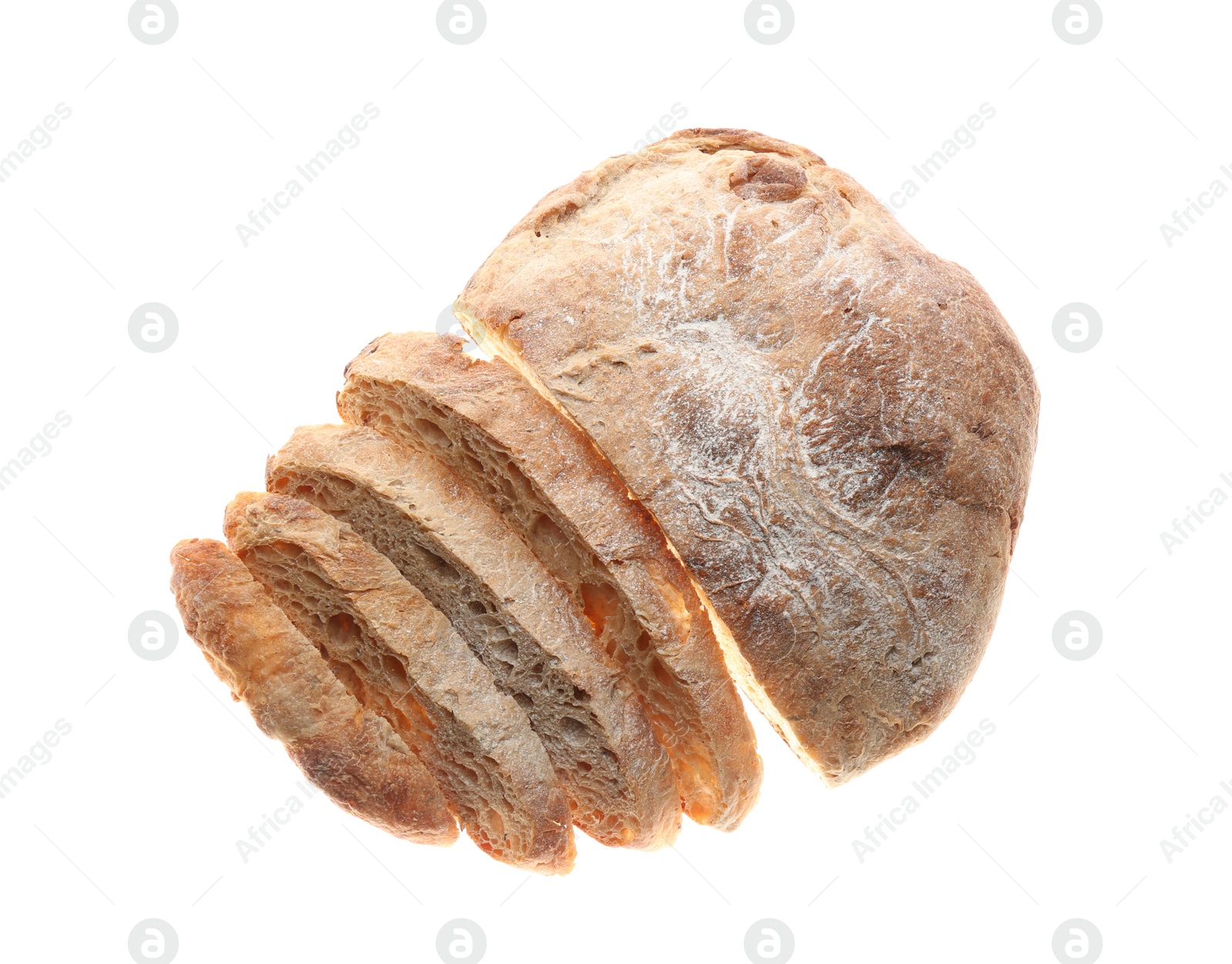 Photo of Cut freshly baked bread isolated on white, top view