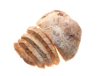 Cut freshly baked bread isolated on white, top view
