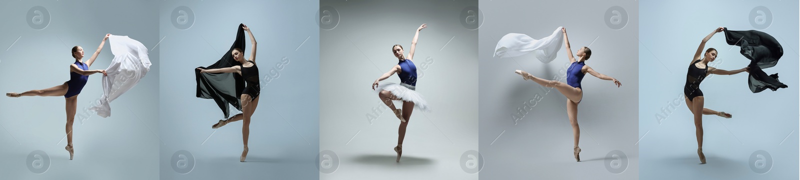 Image of Ballerina practicing dance moves on color backgrounds, set of photos