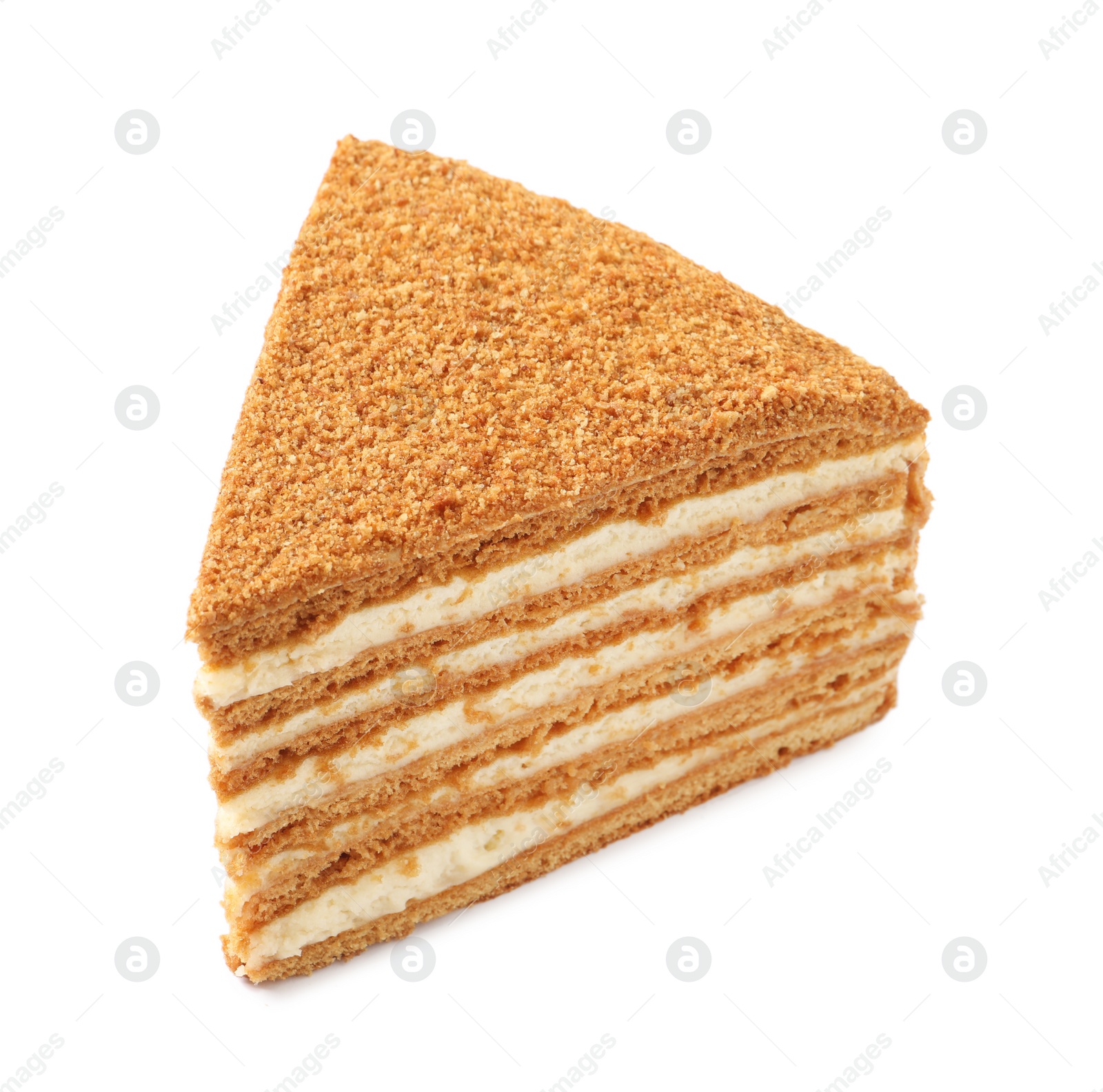 Photo of Slice of delicious layered honey cake isolated on white